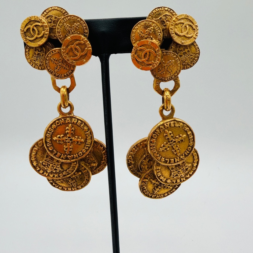 CHANEL Gold Metal Coin Medallion Drop Earrings, Signed 28